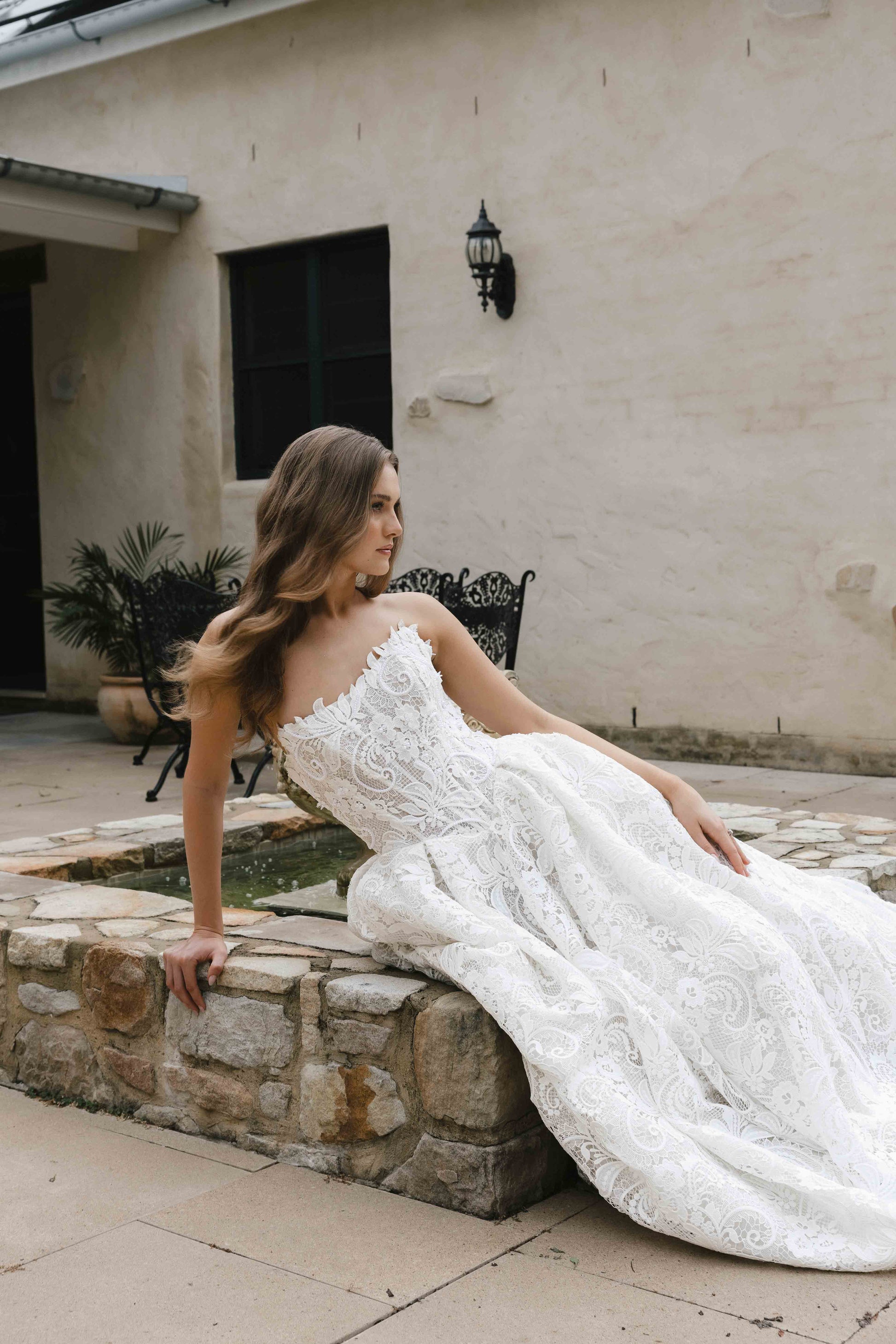 Vogue Gown – Full lace A-line ballgown with a cat-eye corseted bodice and subtle boning. By Roselle Collection, Jessica Couture.