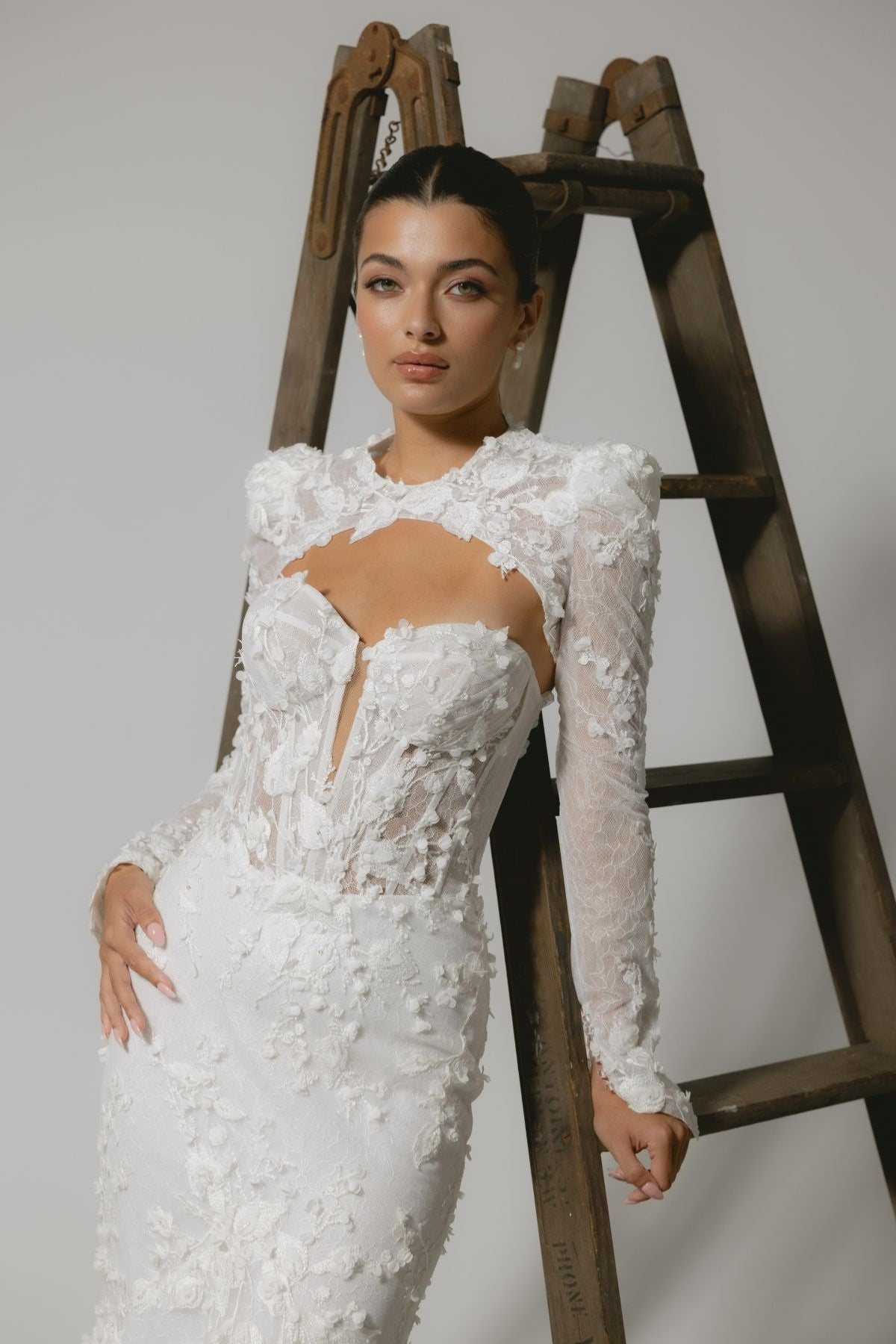 lace mermaid wedding gown, strapless sweetheart bodice with lace bolero jacket on top. 