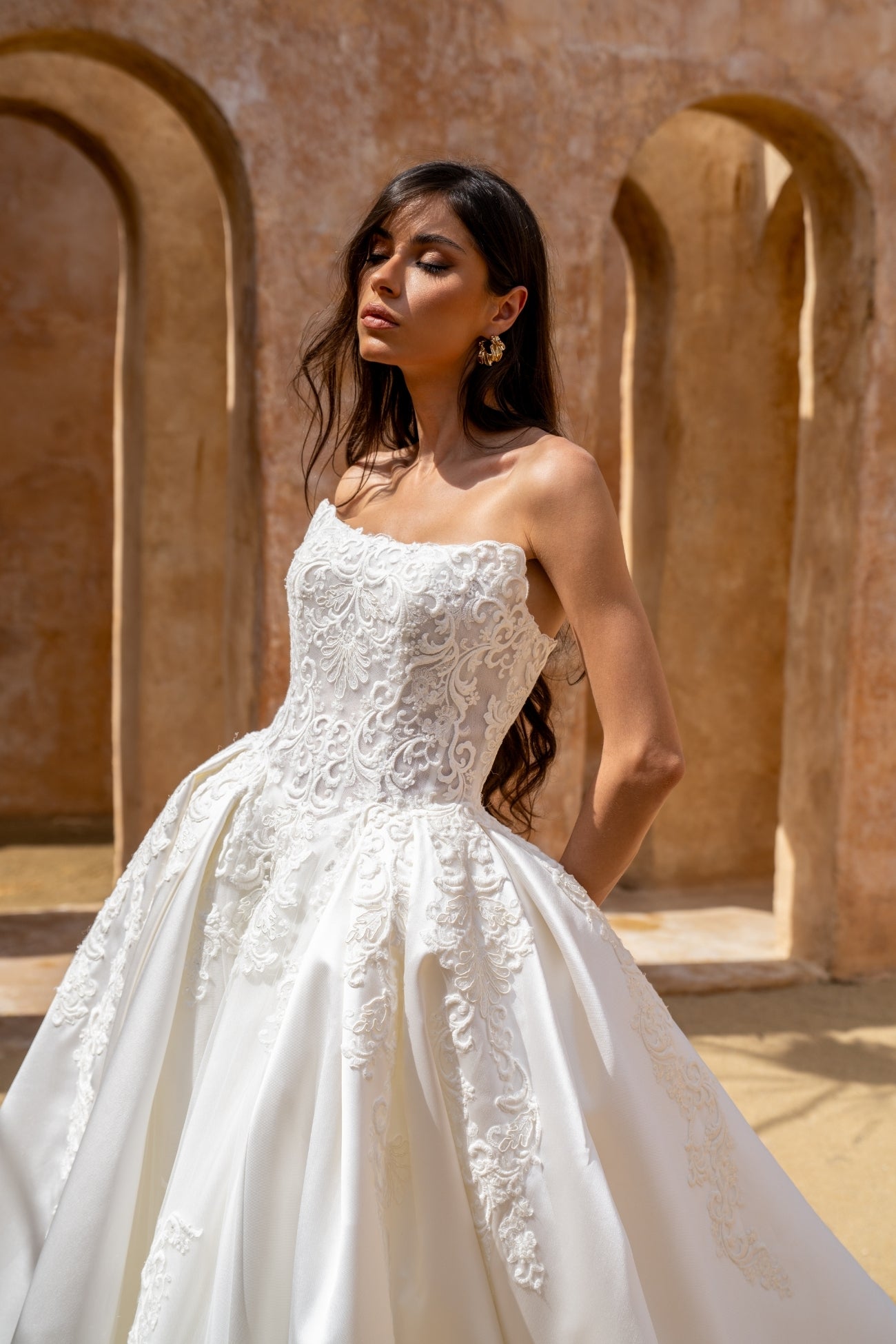 wedding gown strapless cat eye neckline, vintage lace, dramatic A line Skirt 