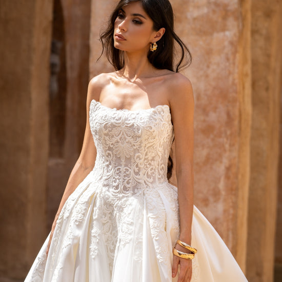 wedding gown strapless cat eye neckline, vintage lace, dramatic A line Skirt 