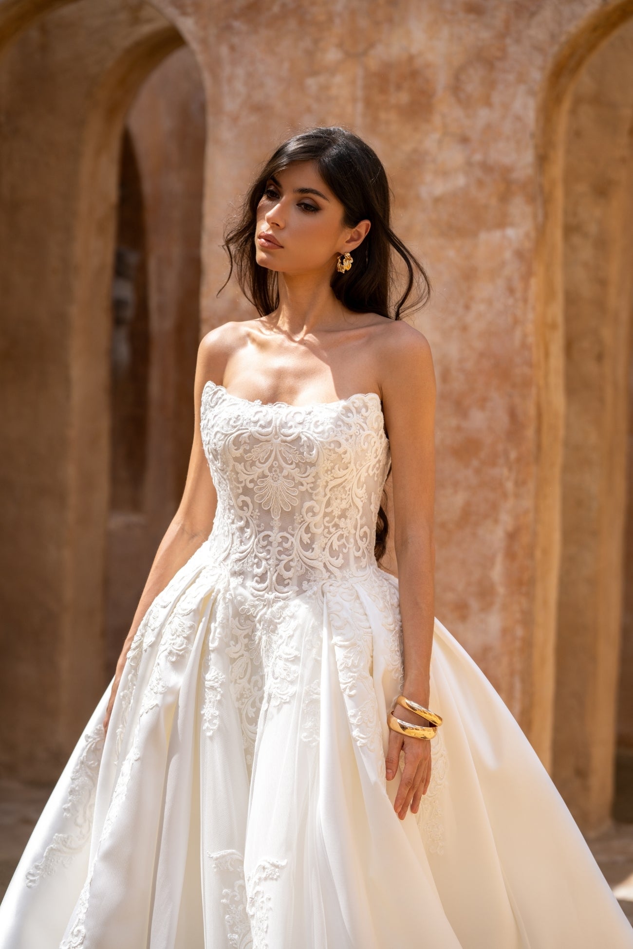 wedding gown strapless cat eye neckline, vintage lace, dramatic A line Skirt 