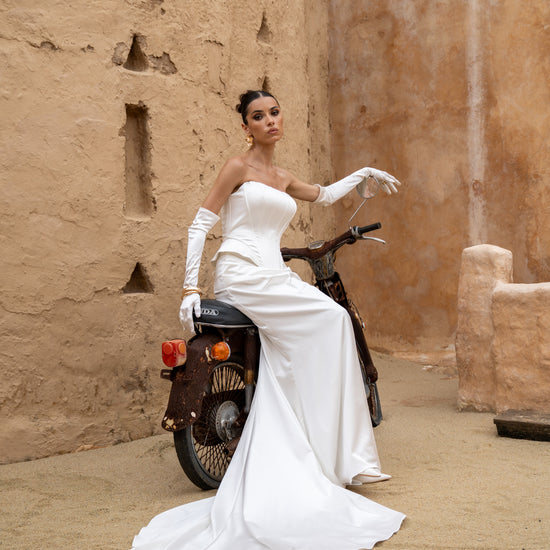 2 piece wedding gown, fitted style, minimal, corset boning. 