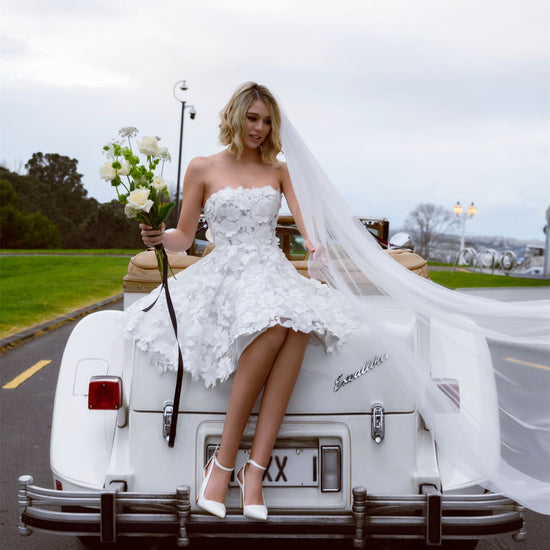 3d Floral A-line Mini bridal dress 