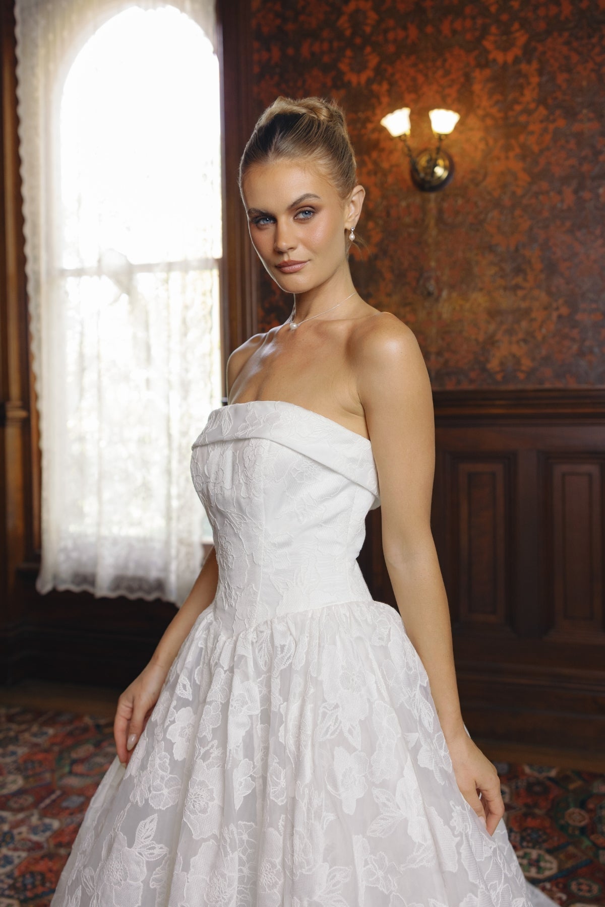 strapless A line wedding dress featuring floral lace organza. 