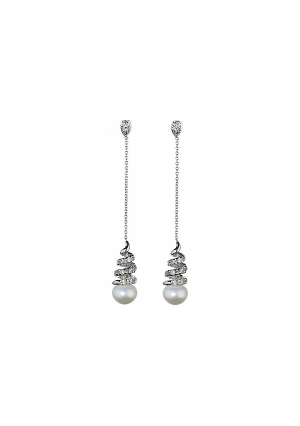 Silver spirals hanging from a cubic zirconia stud with a pearl at the end.