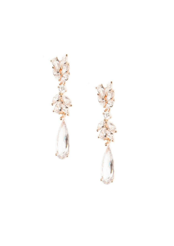 Clusters of marquise cut cubic zirconia with elongated pear cut gem dangling from the bottom. Set in rose gold.