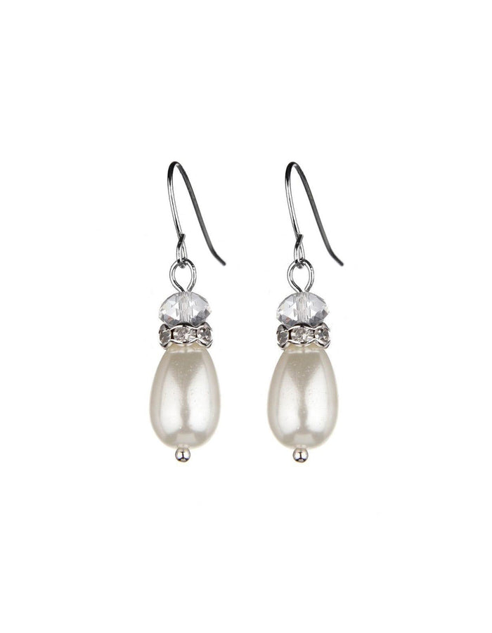 Pearl drop earrings with diamante and transparent bead accent.