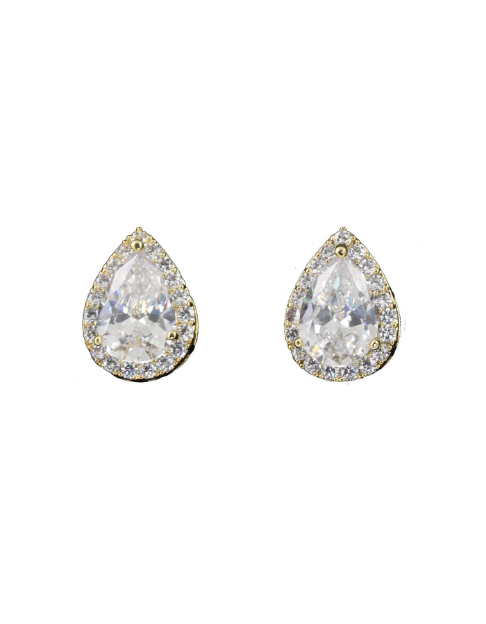 Teardrop cubic zirconia studs with a border of smaller cubic zirconia studs set in gold