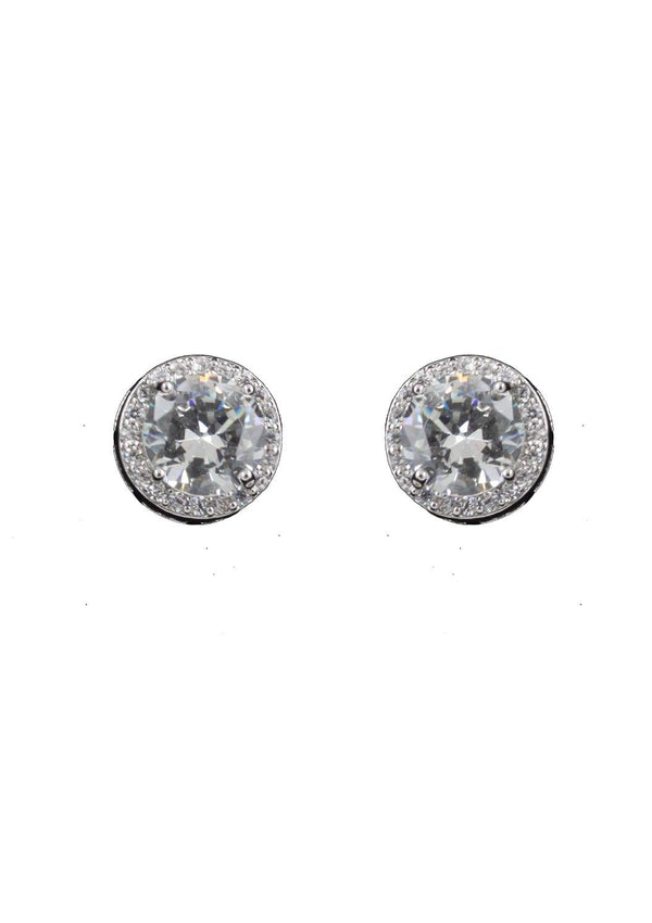 Round cubic zirconia in a border of smaller cubic zirconia set in silver