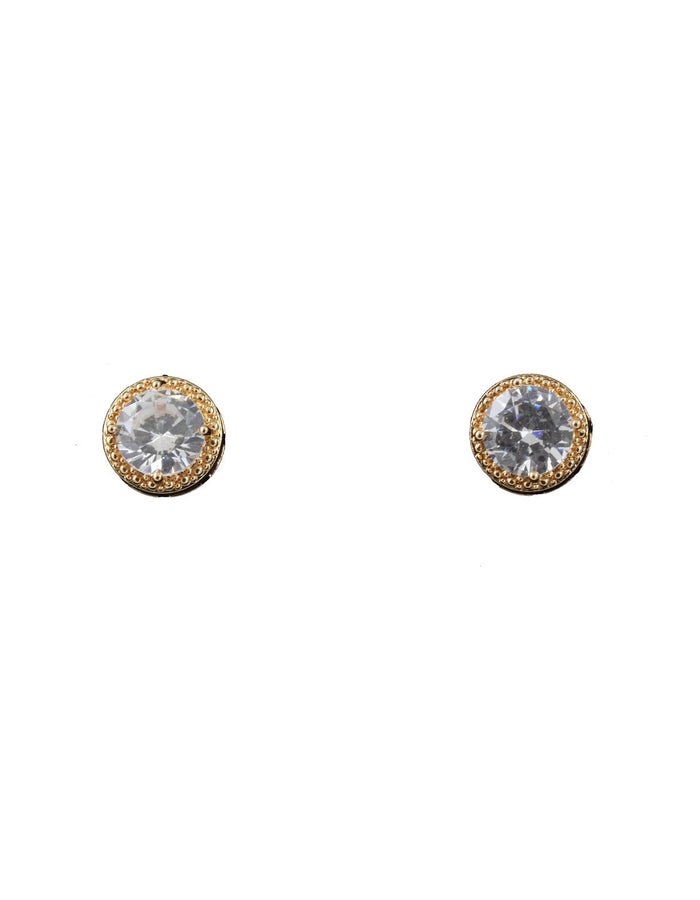 Round cubic zirconia in a border of smaller cubic zirconia set in gold