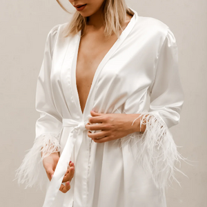 Satin robe in Ivory colour with feather sleeves and waist tie