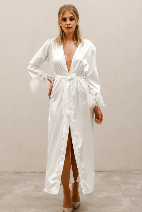 Full length feather-sleeve robe with waist tie in ivory satin colour