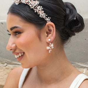  rose Gold pearl encrusted flower earrings in matte finish metal.