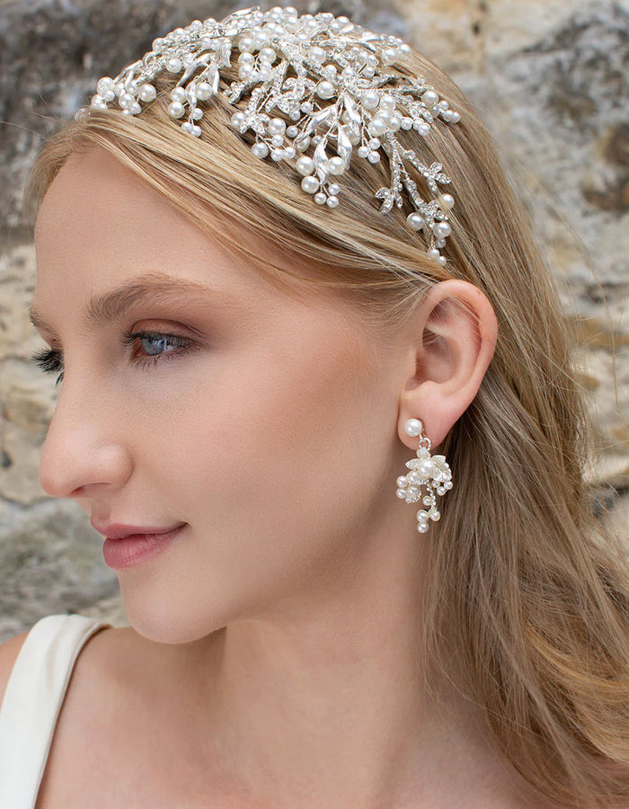 Silver pearl encrusted flower earrings in matte finish metal.