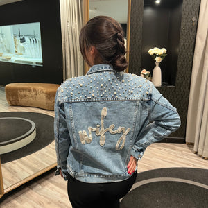 Blue denim jacket with scattered pearls and beaded 'wifey' lettering