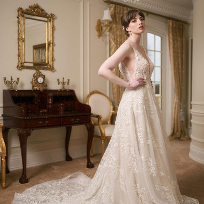 Side view of ivory full-length wedding gown with plunging V-neckline, lace applique and a-line skirt. Embroidered with pearls and beads. Illusion mesh at sides of bodice.