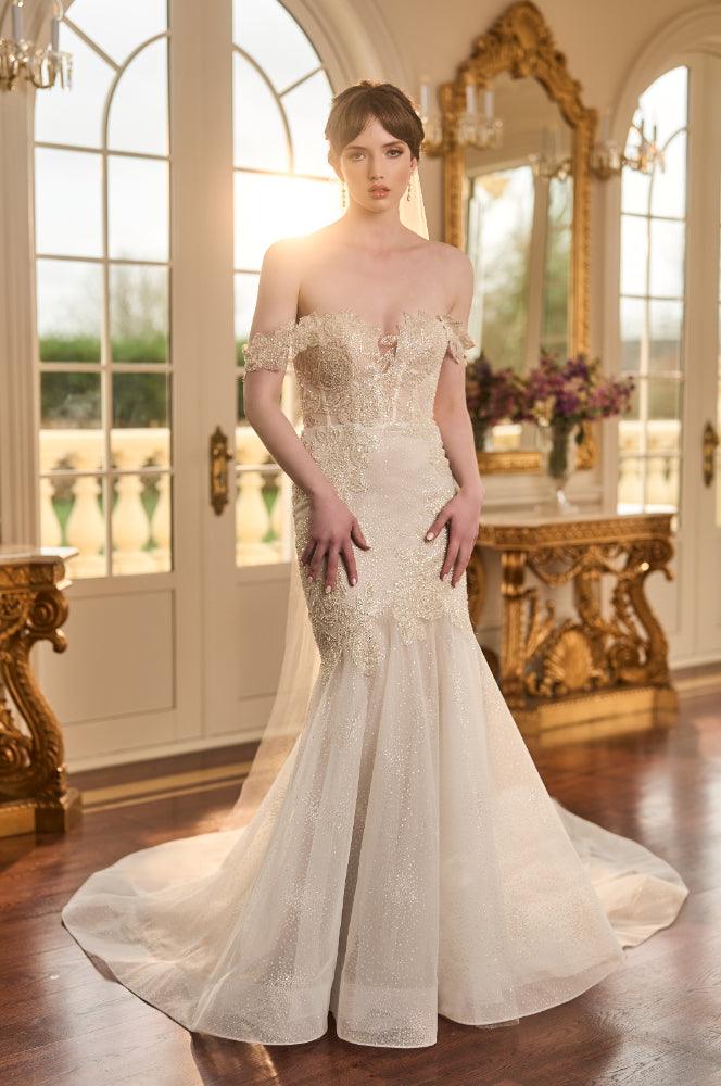 Taya dress. Golden mermaid silhouette dress with off-the-shoulder sweetheart neckline. Champagne lining with a layer of glitter tulle and golden lace applique. 
