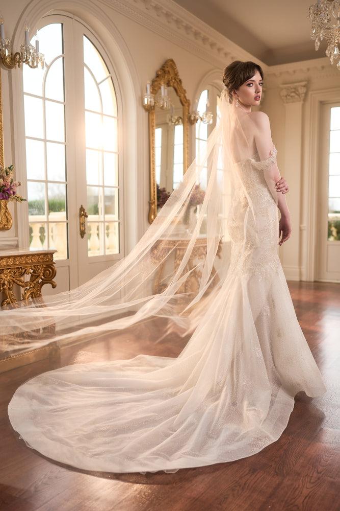 Back view of Taya dress showing train with veil billowing over.