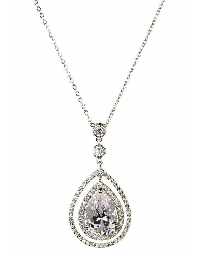 Decadence Necklace features a large pear cut cubic zirconia with halos of smaller diamantes hanging around it.