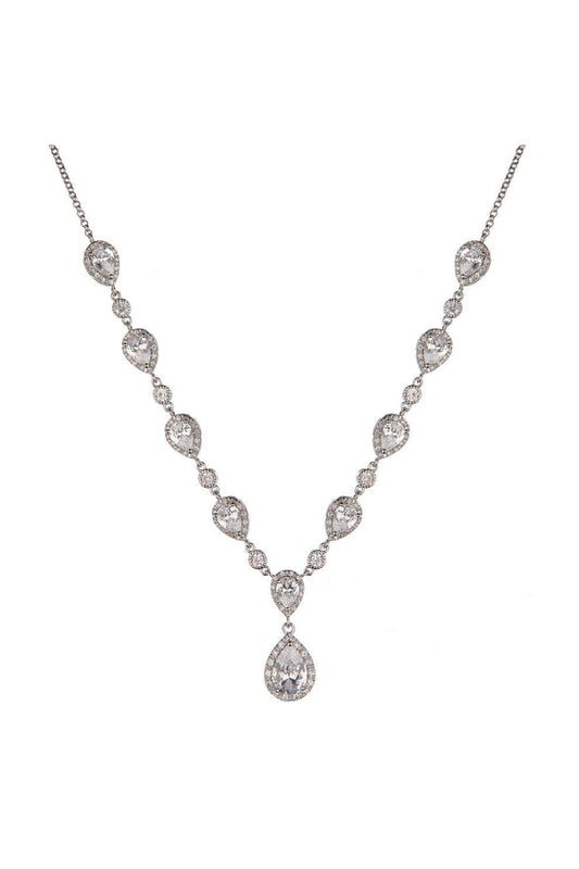 Pear cut cubic zirconia set on silver chain with teardrop drop.