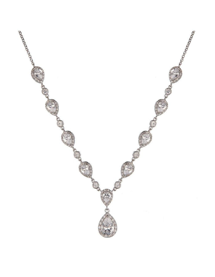 Pear cut cubic zirconia set on silver chain with teardrop drop.
