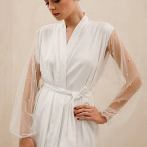 Ivory satin robe with sheer mesh sleeves with beaded pearls and waist tie