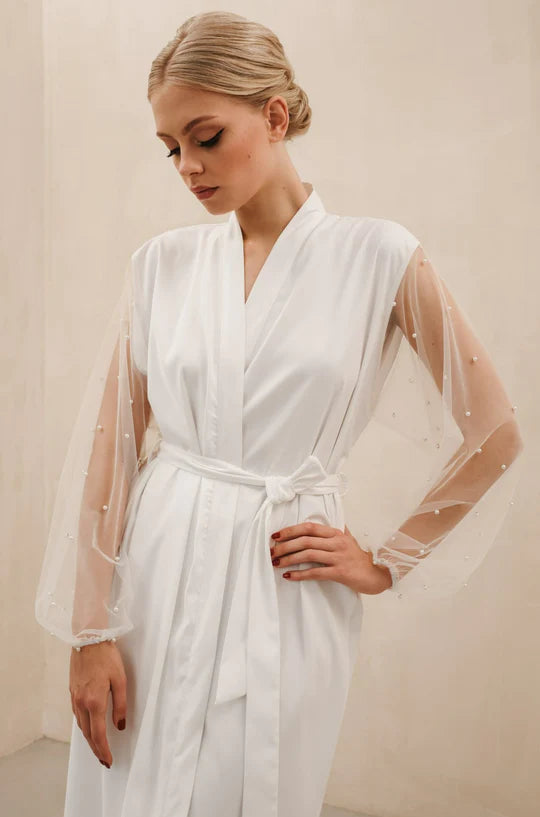 Ivory satin robe with sheer mesh sleeves with beaded pearls and waist tie