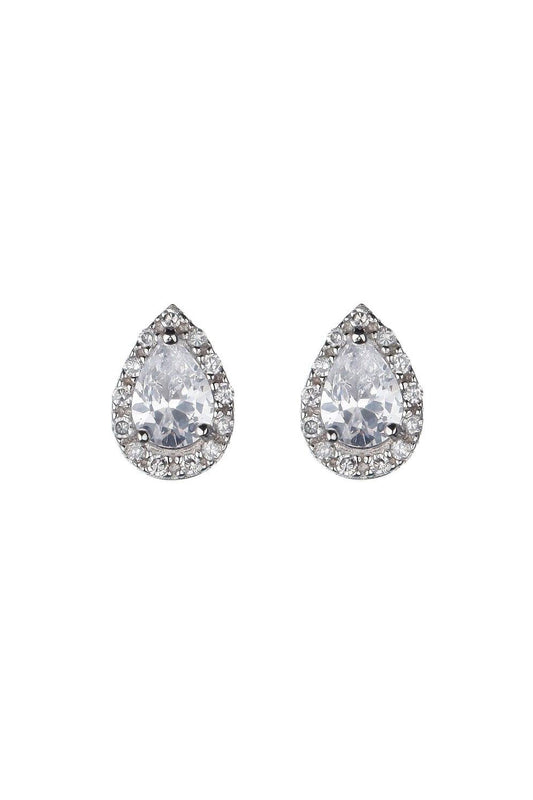 Teardrop cubic zirconia studs with a border of smaller cubic zirconia studs set in silver