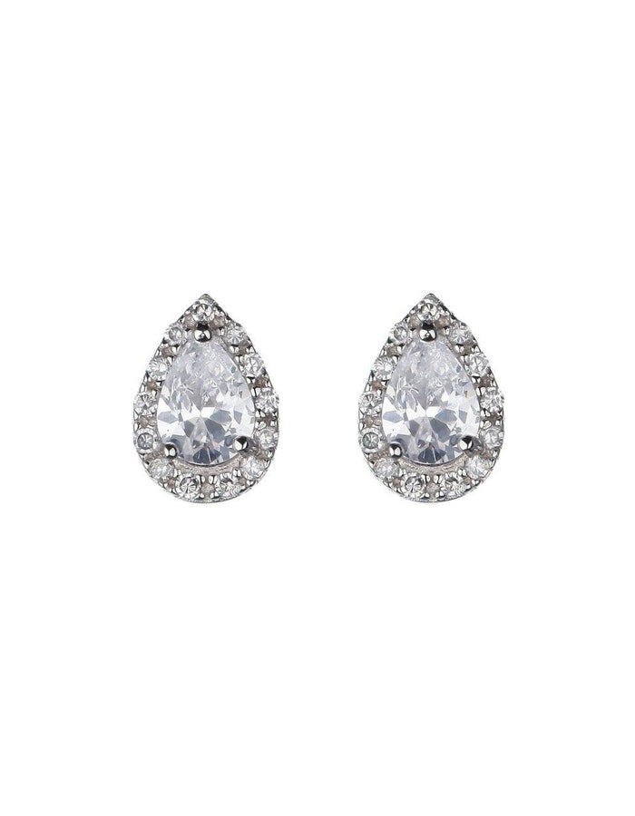 Teardrop cubic zirconia studs with a border of smaller cubic zirconia studs set in silver