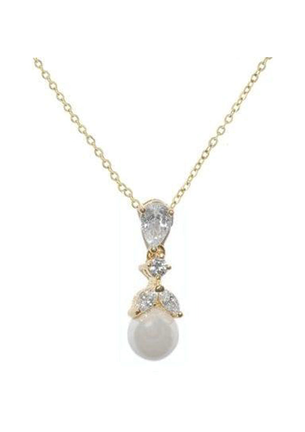 Gold necklace with cubic zirconia navette and pearl drop on a gold chain