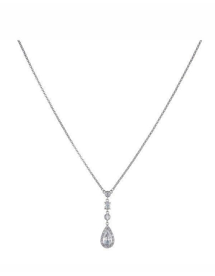 Drop of different shaped cubic zirconia with a large pear cut stone. Set in silver on a silver chain.